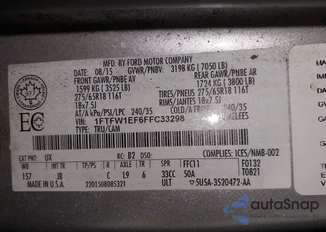 2015 Ford F-150 Xlt из США, поврежденный, VIN 1FTFW1EF6FFC33298